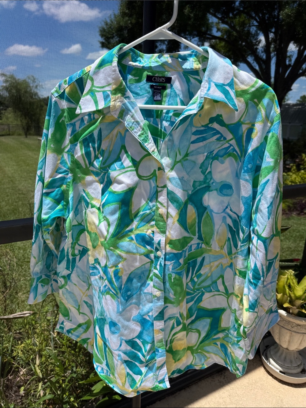 Chaps Floral Button-Up Blouse in Aqua, Teal & Green